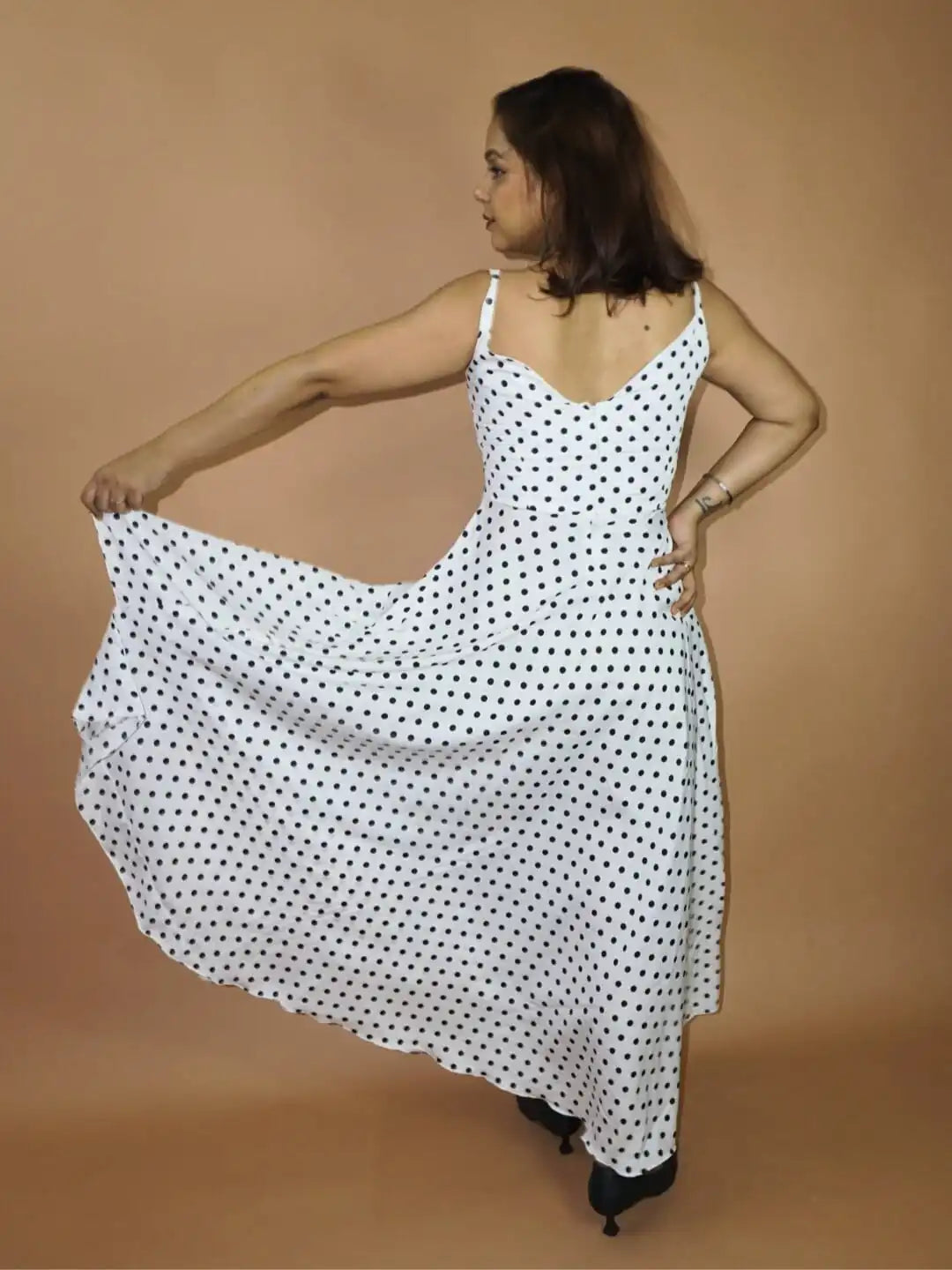 Amour | White-Black Strapped Polka Dots Tiered Dress