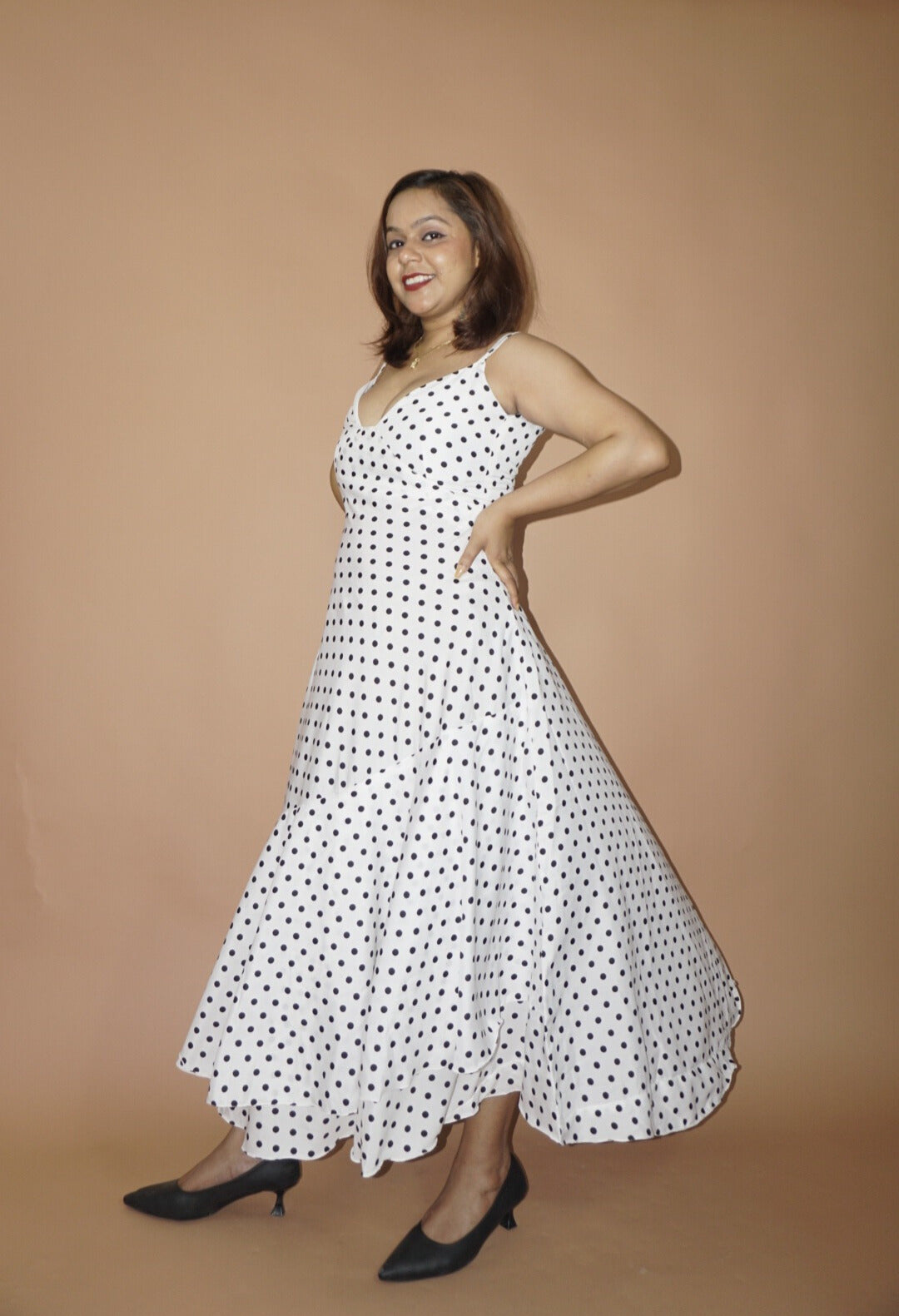 Amour | White-Black Strapped Polka Dots Tiered Dress