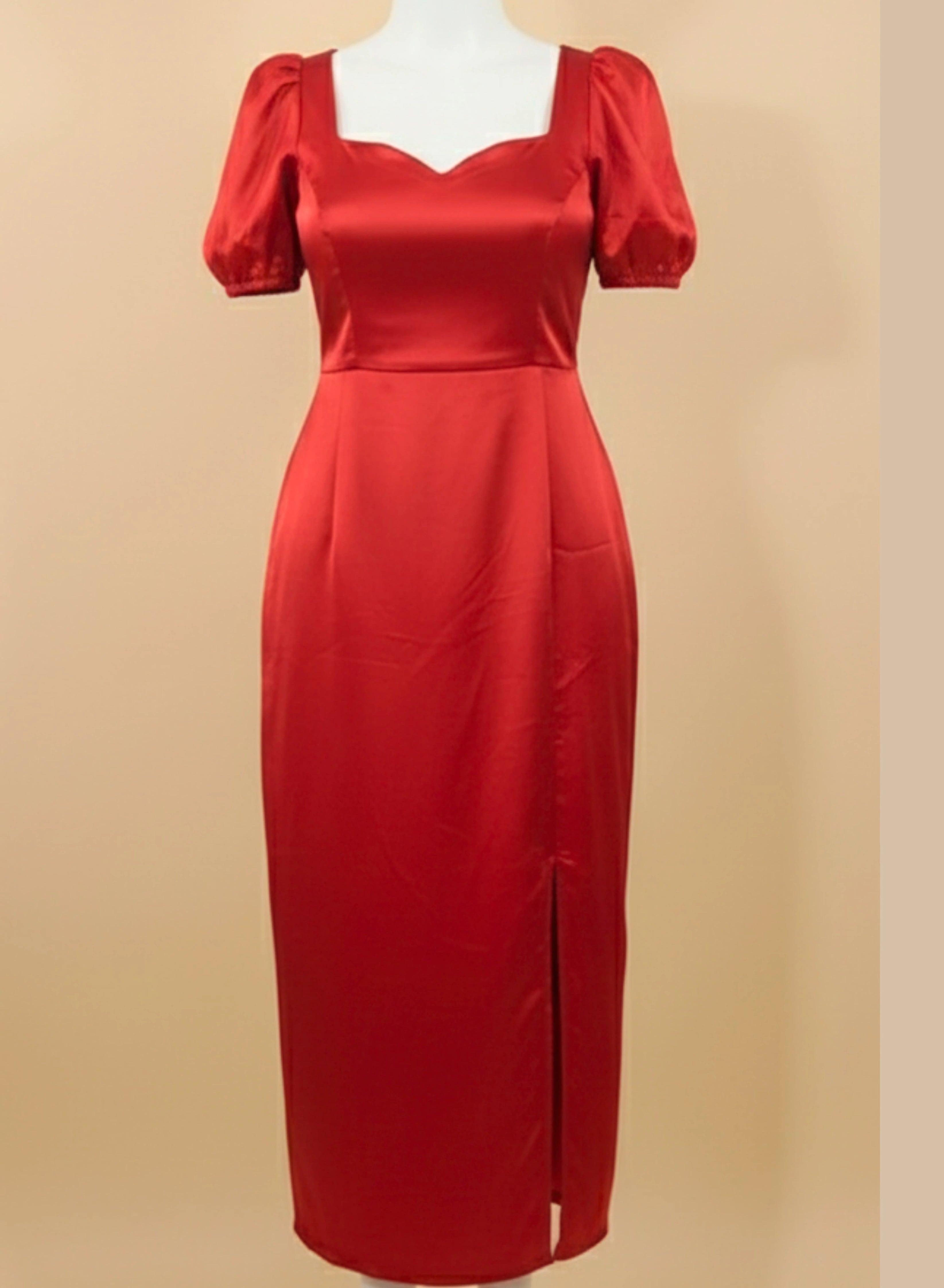 Scarlette | Red Satin Puff-Sleeved Midi Dress With Slit