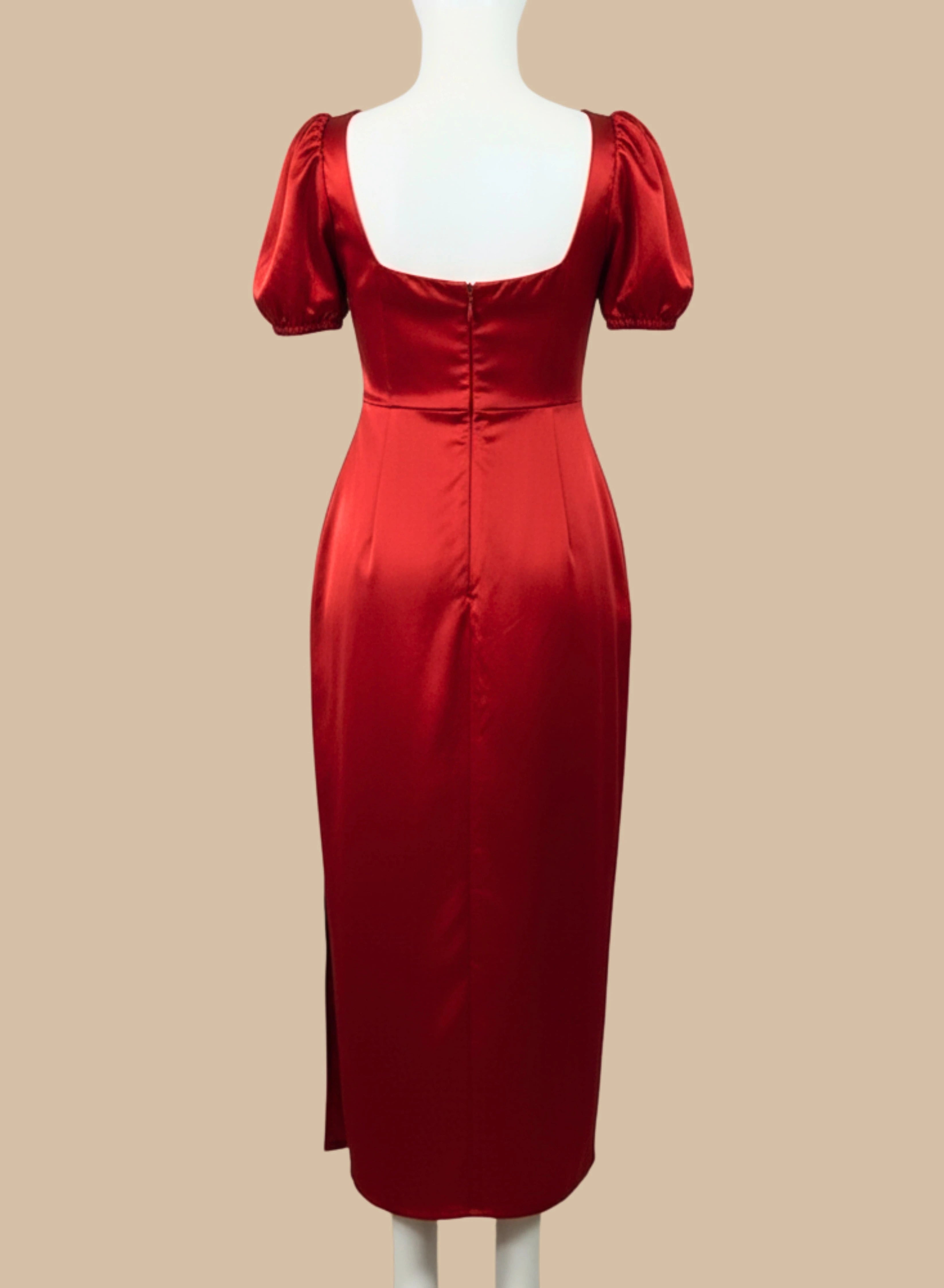 Scarlette | Red Satin Puff-Sleeved Midi Dress With Slit