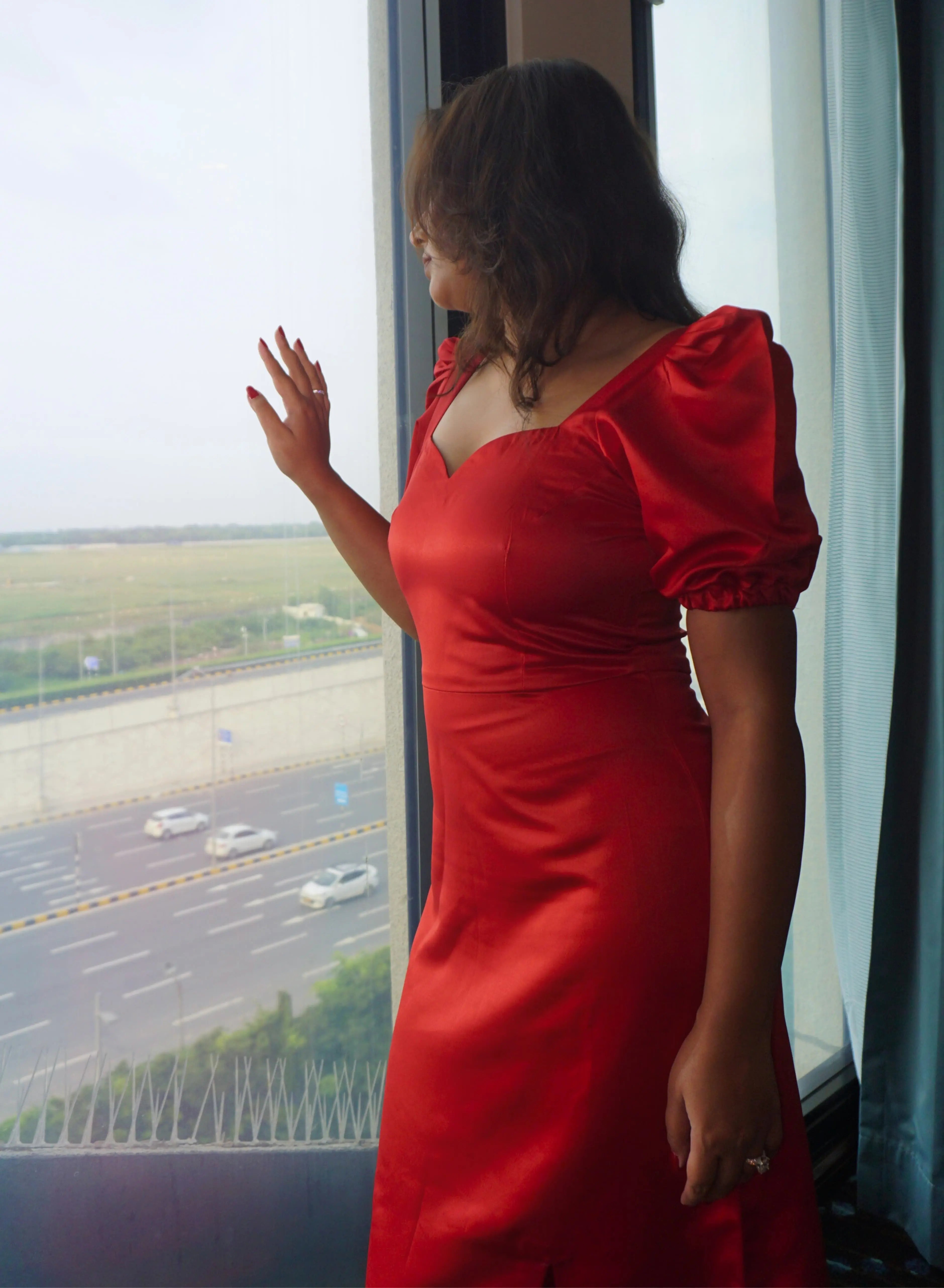 Scarlette | Red Satin Puff-Sleeved Midi Dress With Slit